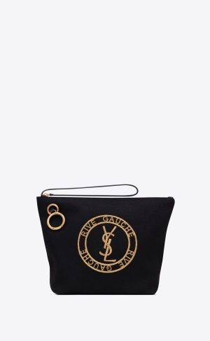 YSL Rive Gauche Embroidered Pouch In Felt Schwarz | 30861-FKYC