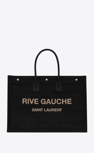 YSL Rive Gauche Large Tote Bag In Embroidered Raffia And Leder Noir | 51039-EASU