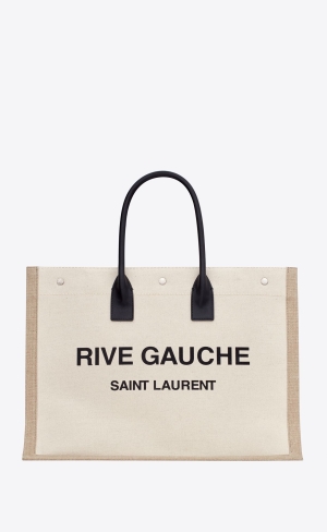 YSL Rive Gauche Large Tote Bag In Printed Canvas And Leder Lin Blanc | 13645-MRPC