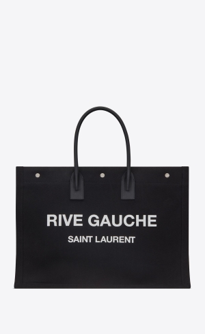 YSL Rive Gauche Large Tote Bag In Printed Canvas And Leder Noir Et Blanc | 26804-HVUI