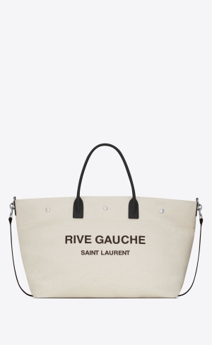 YSL Rive Gauche Maxi Shopping Bag In Printed Canvas And Smooth Leder Grege Et Noir | 57241-NMZG