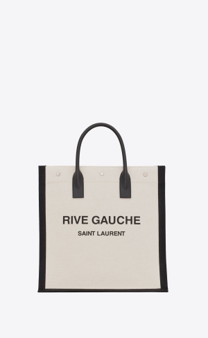 YSL Rive Gauche North/South Tote Bag In Printed Linen And Leder Lin Blanc | 89362-QICS