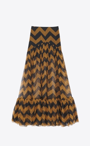 YSL Ruffled Long Skirt In Chevron Silk Paille Et Noir | 95760-FLQE