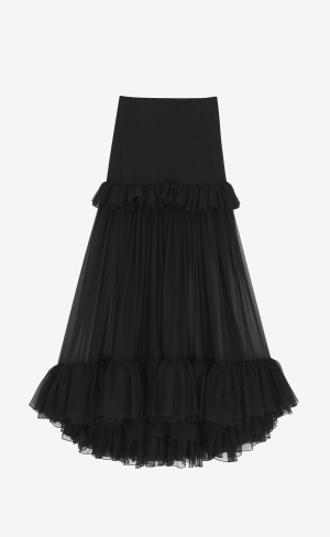 YSL Ruffled Long Skirt In Silk Schwarz | 32564-LOVA