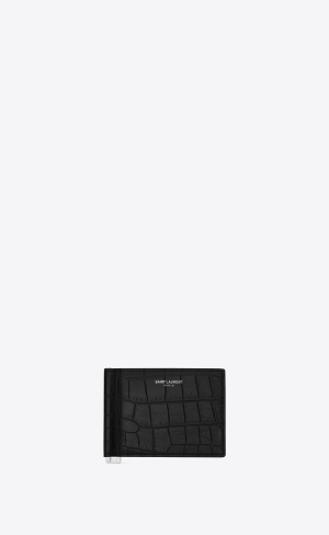 YSL Saint Laurent Paris Bill Clip Wallet In Crocodile-embossed Leder Schwarz | 04693-EXYK