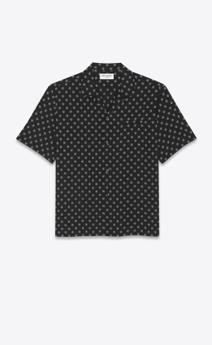 YSL Shark-collar Shirt In Dotted Viscose Noir Craie | 92638-LDTG