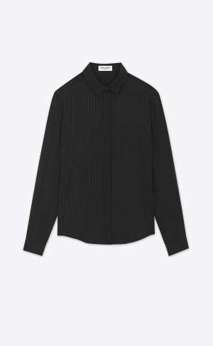 YSL Shirt In Gestreift Lamé Schwarz | 25134-GBIE