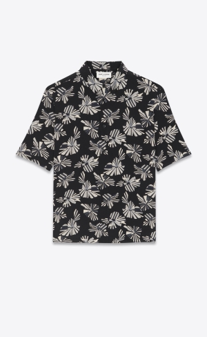 YSL Shirt In Origami Print Silk Noir Craie Gris | 36872-GUYI