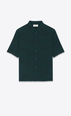 YSL Shirt In Printed Crepe De Chine Vert Noir | 75386-LAOQ