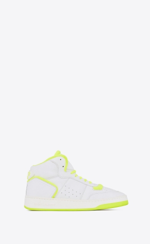 YSL Sl/80 Mid-top Sneakers In Smooth And Grained Leder Blanc Optique Et Jaune Fluo | 59718-BPHS