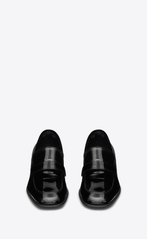 YSL Solferino Penny Slippers In Lack Leder Noir | 97823-IWXB