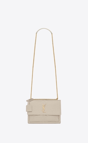 YSL Sunset Medium Chain Bag In Crocodile-embossed Shiny Leder Blanc Vintage | 82749-YWIE