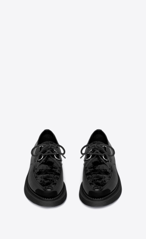 YSL Teddy Derbies In Lack Leder And Velvet Noir | 78643-IVJX