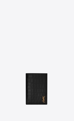 YSL Tiny Cassandre Credit Card Wallet In Crocodile-embossed Matte Leder Schwarz | 79061-JOHD