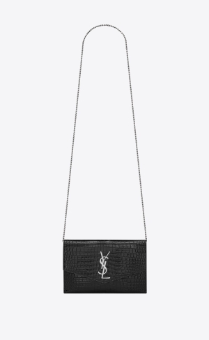 YSL Uptown Chain Wallet In Crocodile-embossed Shiny Leder Schwarz | 54629-INAB