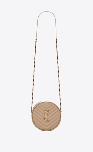 YSL Vinyle Round Camera Bag In Chevron-quilted Grain De Poudre Embossed Leder Dunkelbeige | 91328-EXGD