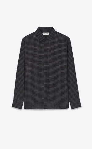 YSL Yves Collar Klassische Shirt In Checked Viscose Noir Or | 61803-FWDE