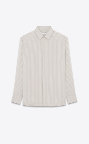 YSL Yves Collar Klassische Shirt In Gestreift Silk Gris Craie | 20316-GRYV